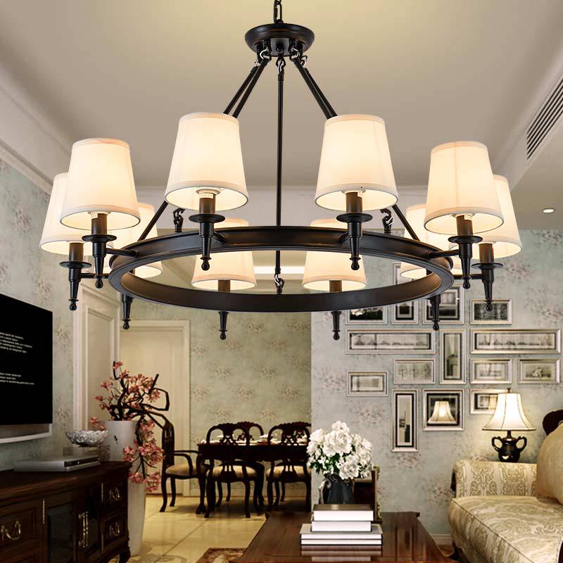 Vintage American Iron Fabric Black Chandelier Ceiling Light