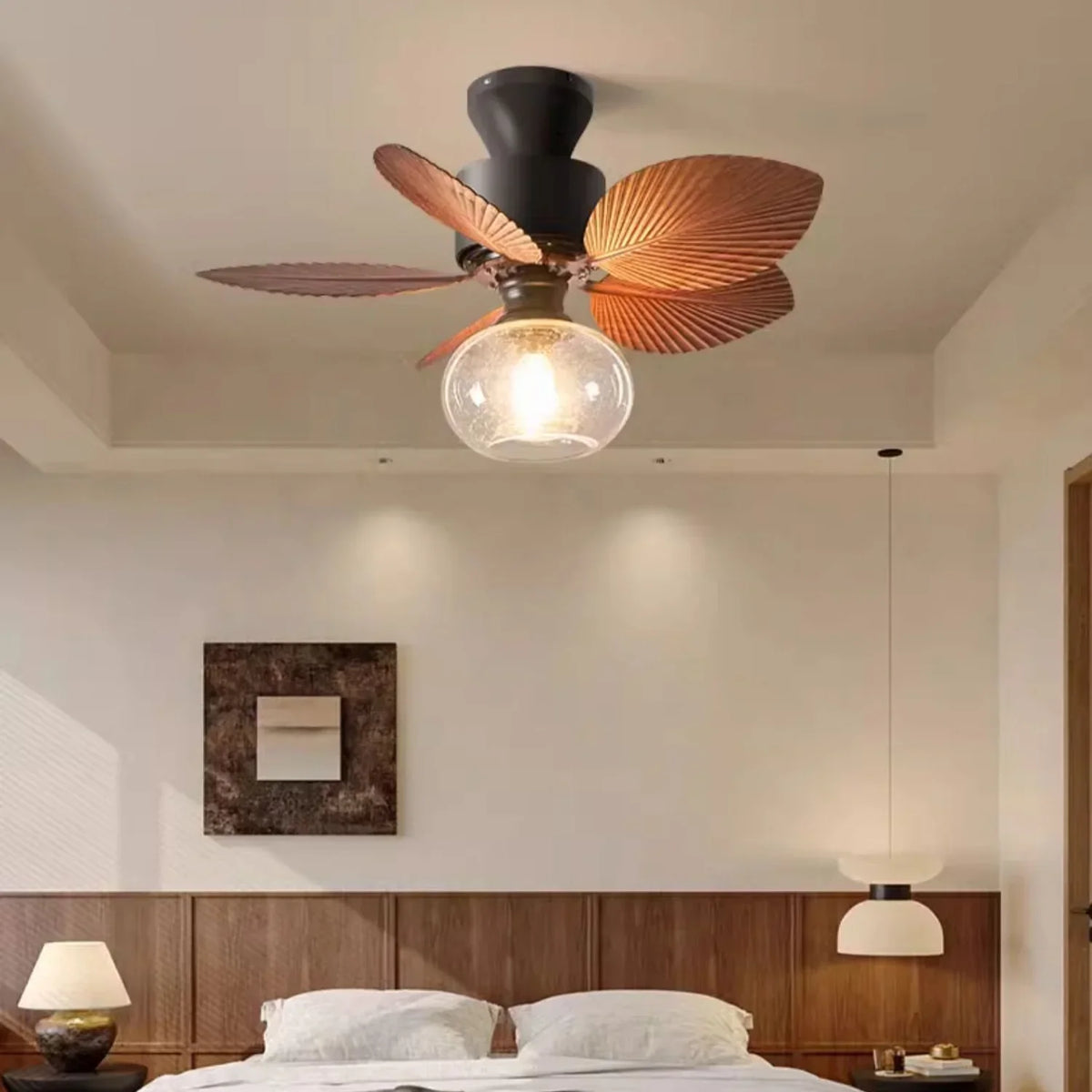 Banana Leaves Round Glass Ceiling Fan Light