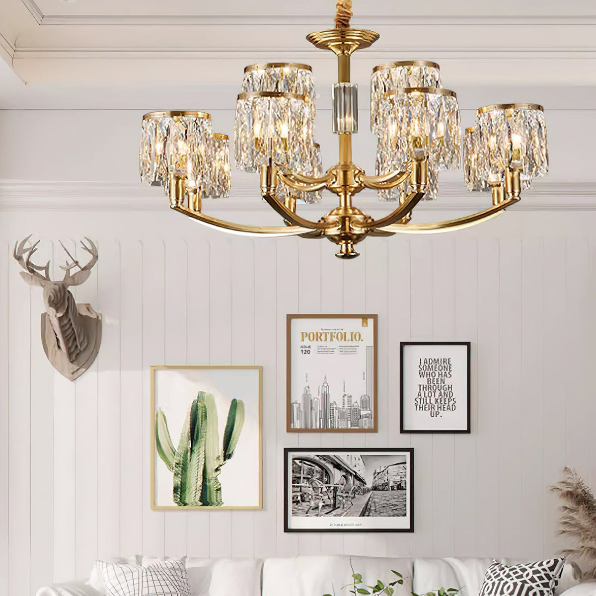Amber Column Brass Crystal Chandelier