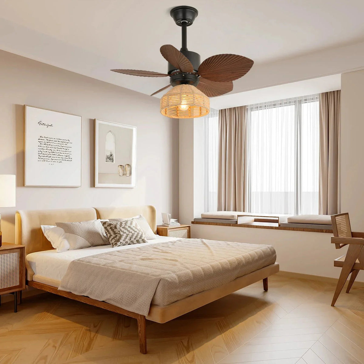 Tropical Palm Leaf Hemp Rope Ceiling Fan Light