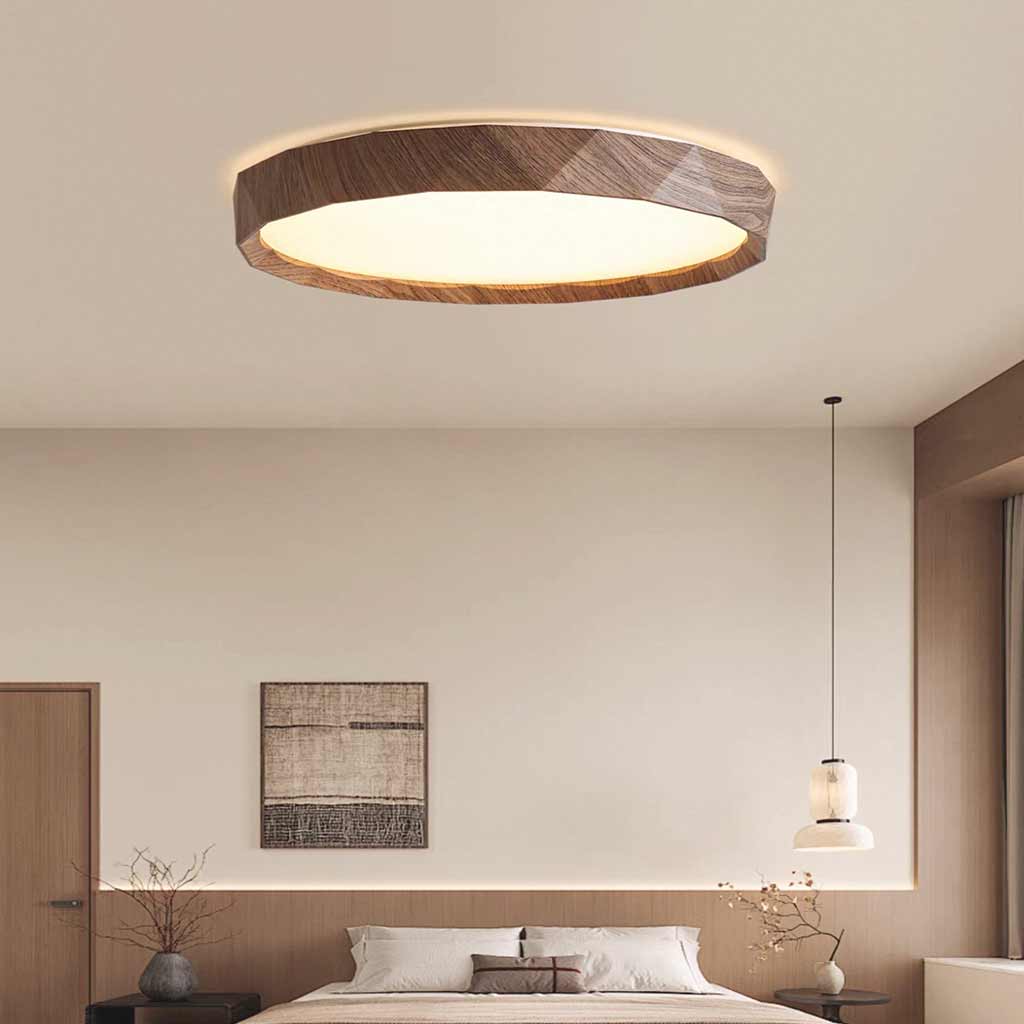 Flush Mount Ceiling Light Round Wood Grain LED, Log / Walnut Color