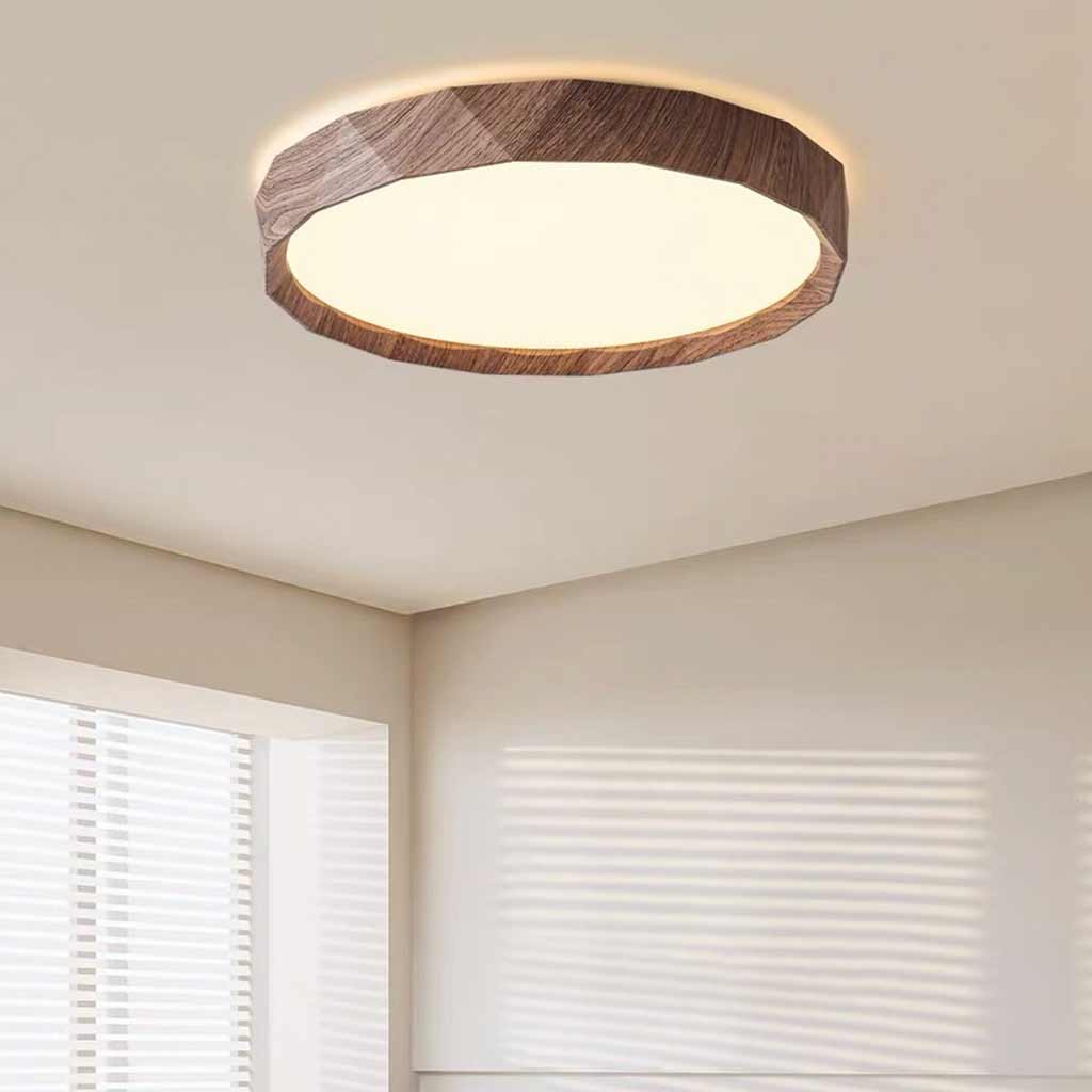 Flush Mount Ceiling Light Round Wood Grain LED, Log / Walnut Color