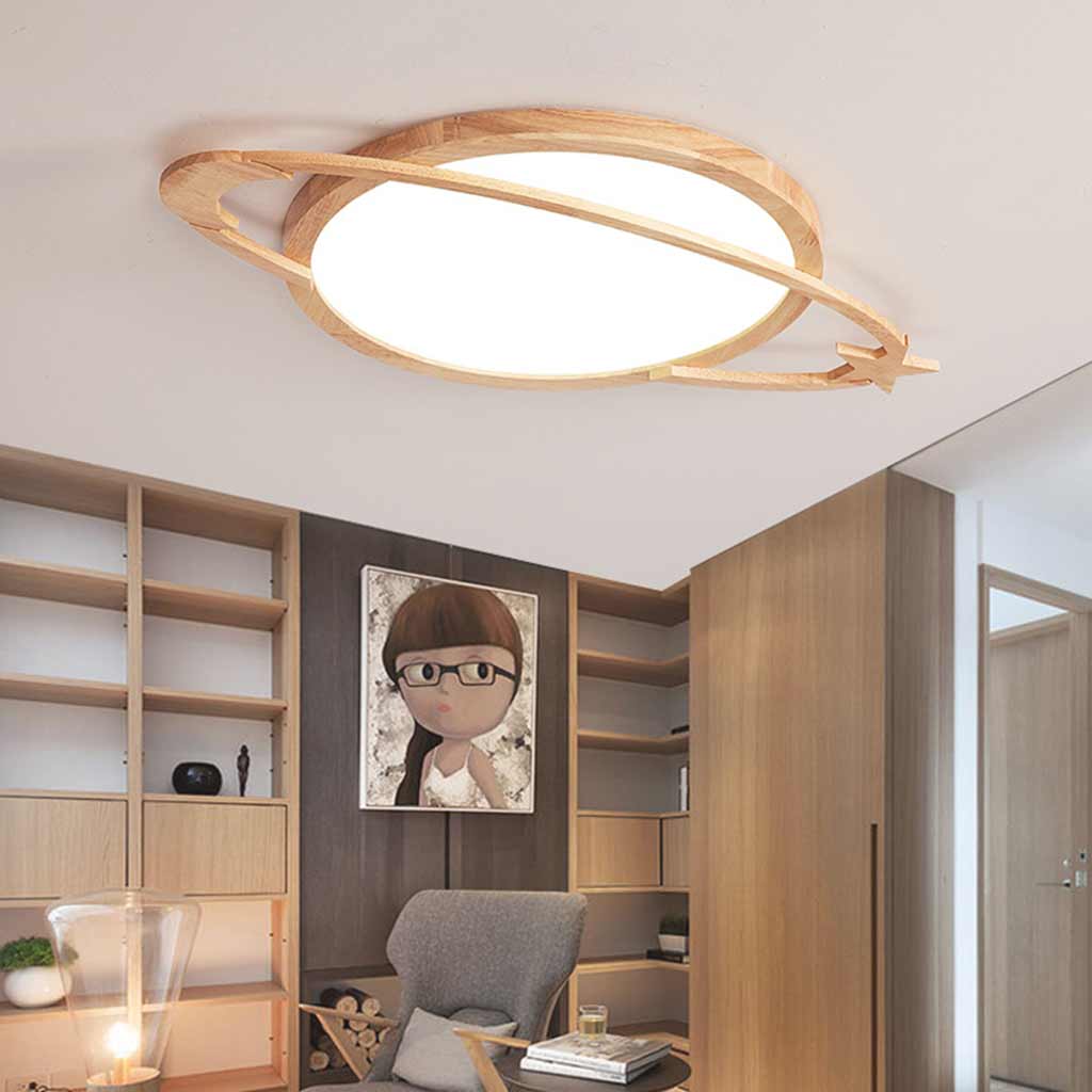 Flush Mount Ceiling Light Wood Planet Dimmable LED