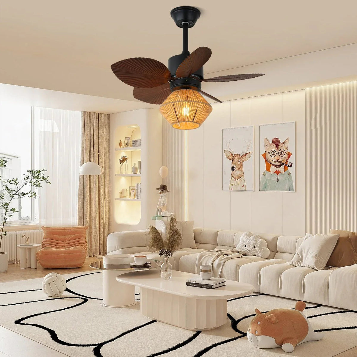 Palm Leaf Hemp Rope Ceiling Fan Light
