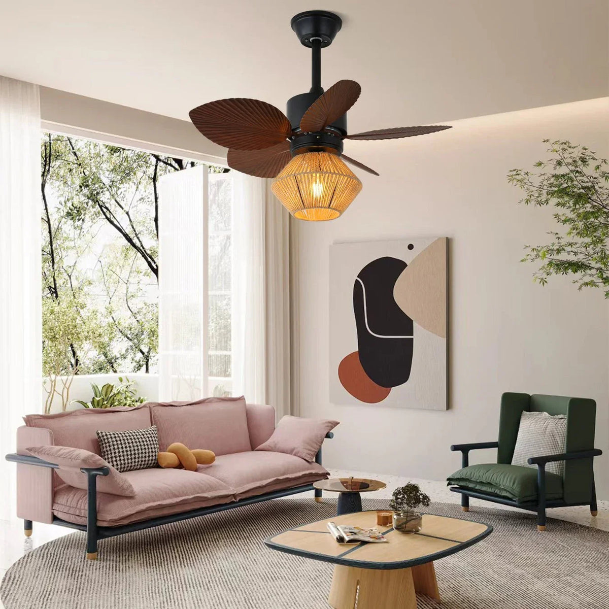 Palm Leaf Hemp Rope Ceiling Fan Light