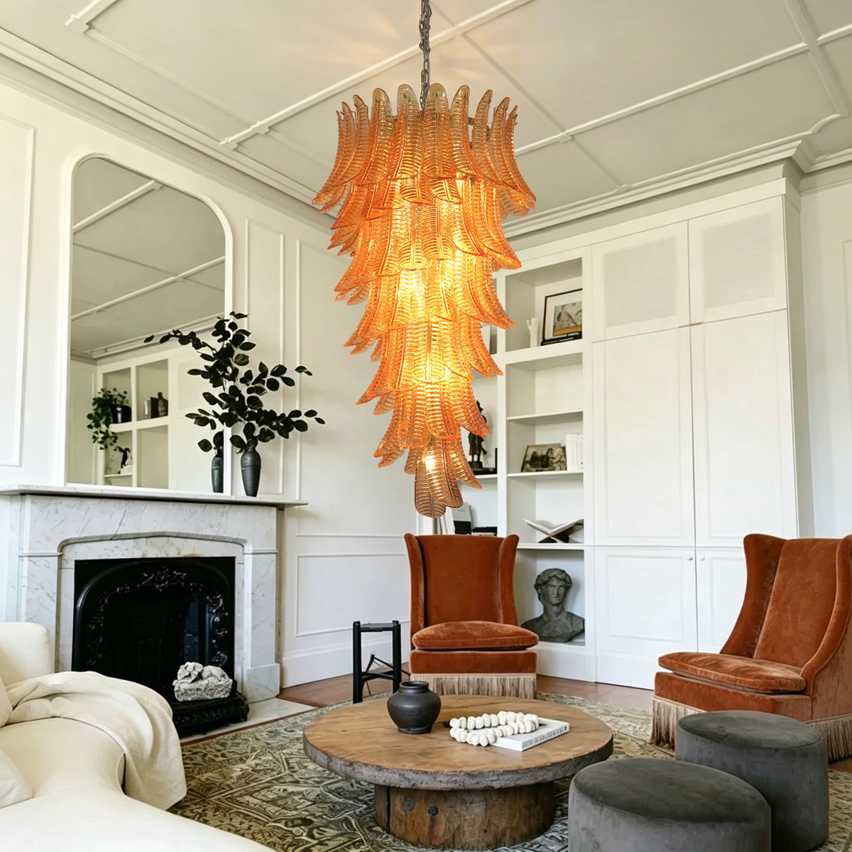 Orange Glass Leaf Cascade Chandelier