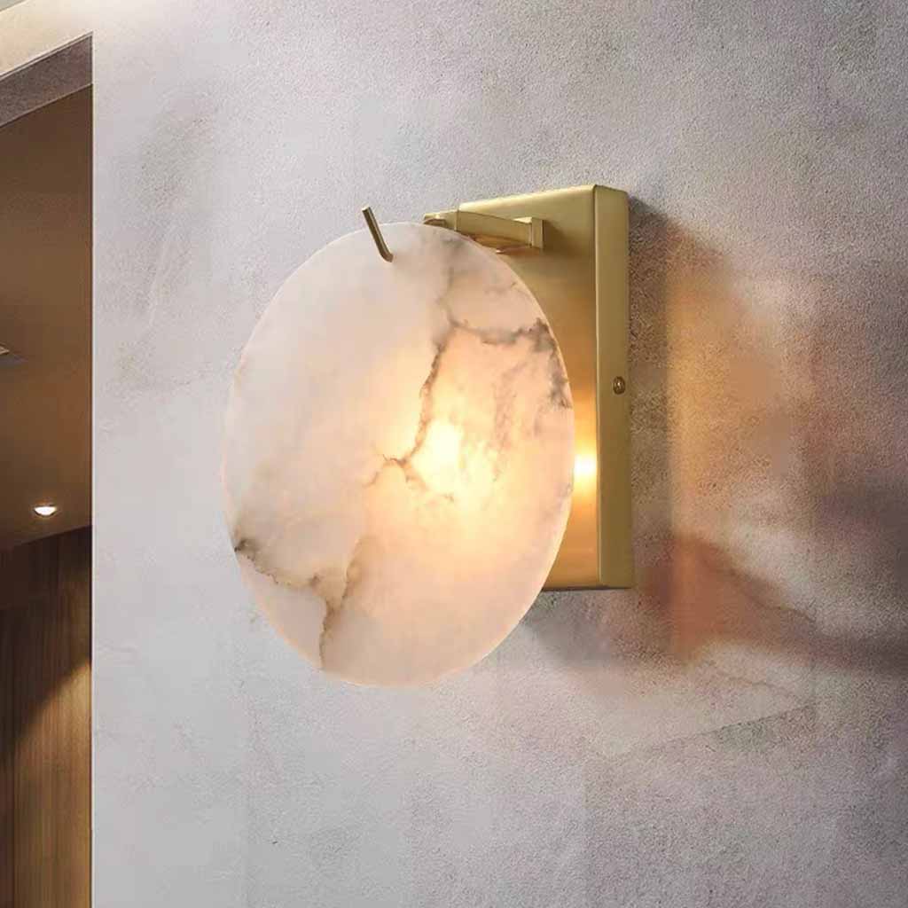 Round Alabaster Wall Sconce with Brass Backplate