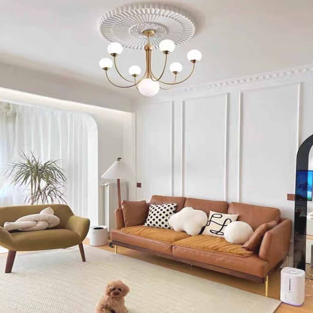 White Glass Ball Chandelier Branch Swoop Arm