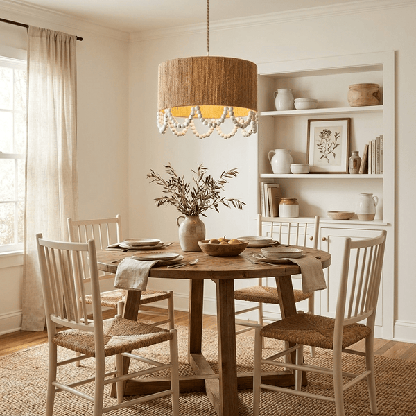 Jute Wood Bead Drum Pendant Lamp