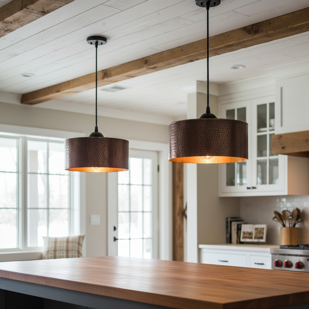 Cedric Vintage Hammered Copper Drum Pendant Light