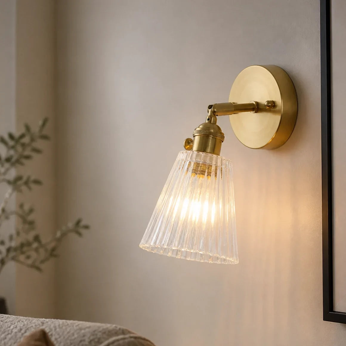 Adjustable Vintage Brass Ribbed Glass Wall Lamp