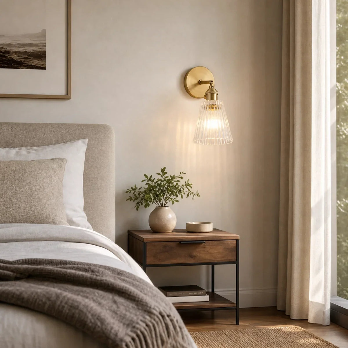 Adjustable Vintage Brass Ribbed Glass Wall Lamp