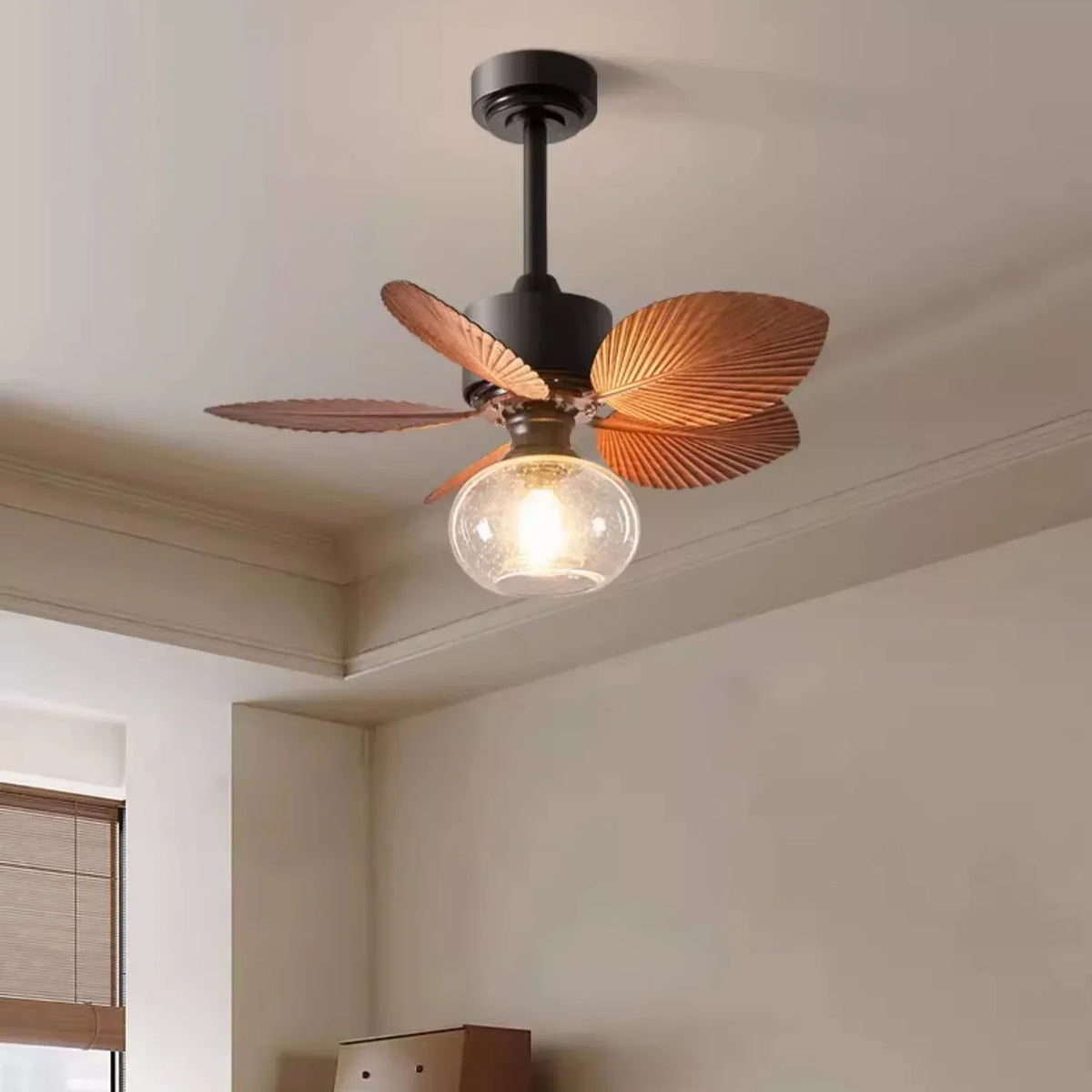 Banana Leaves Round Glass Ceiling Fan Light