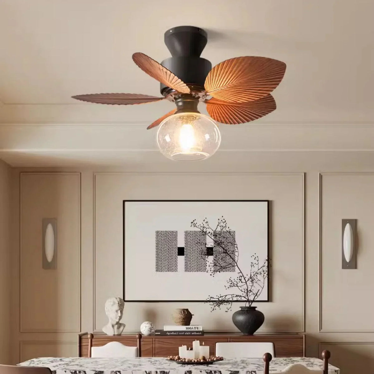 Banana Leaves Round Glass Ceiling Fan Light