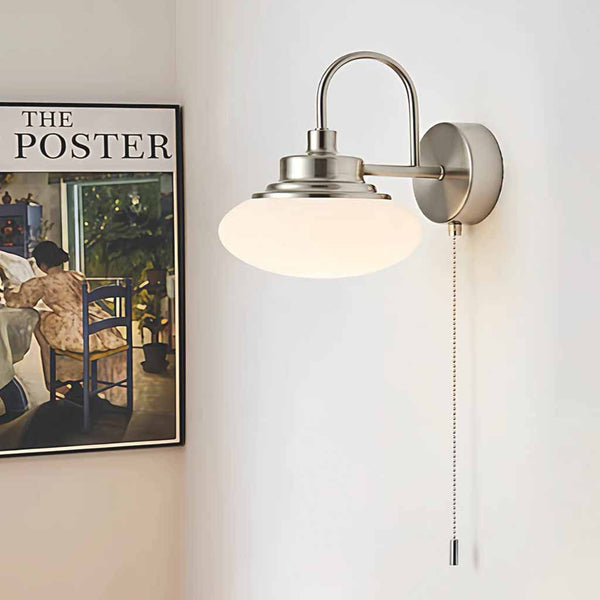 Bauhaus LED Dome Wall Lamp with Pull Chain, Chrome & White