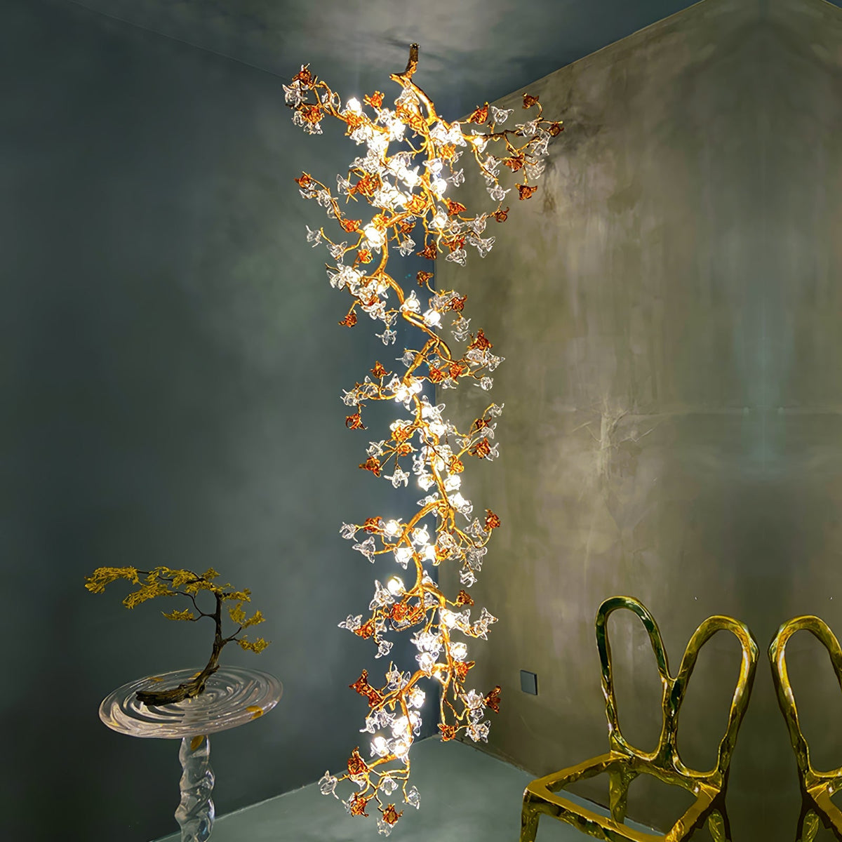 Chandelier Luxury Large High Ceiling Branch Brass and Crystal