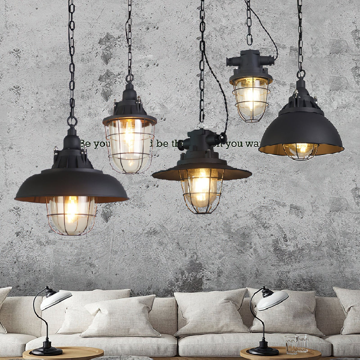 Celest Vintage Industrial Cage Glass Pendant Light