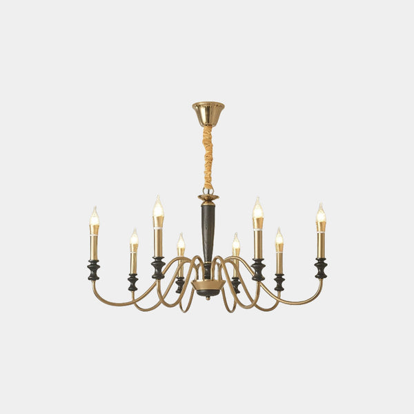 Chandelier Vintage Farmhouse Iron Wood Candle, Black & Gold