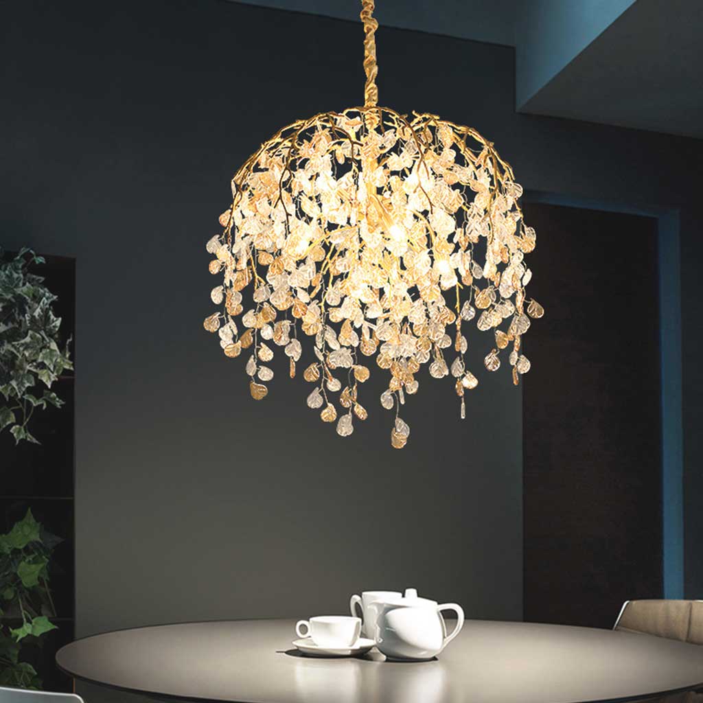 Chandelier Glamorous Leaf Arch Branch, Brass & Glass