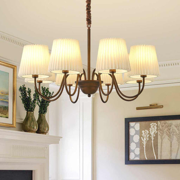 Chandelier Mid Century Vintage Iron White Pleated Fabric Shade