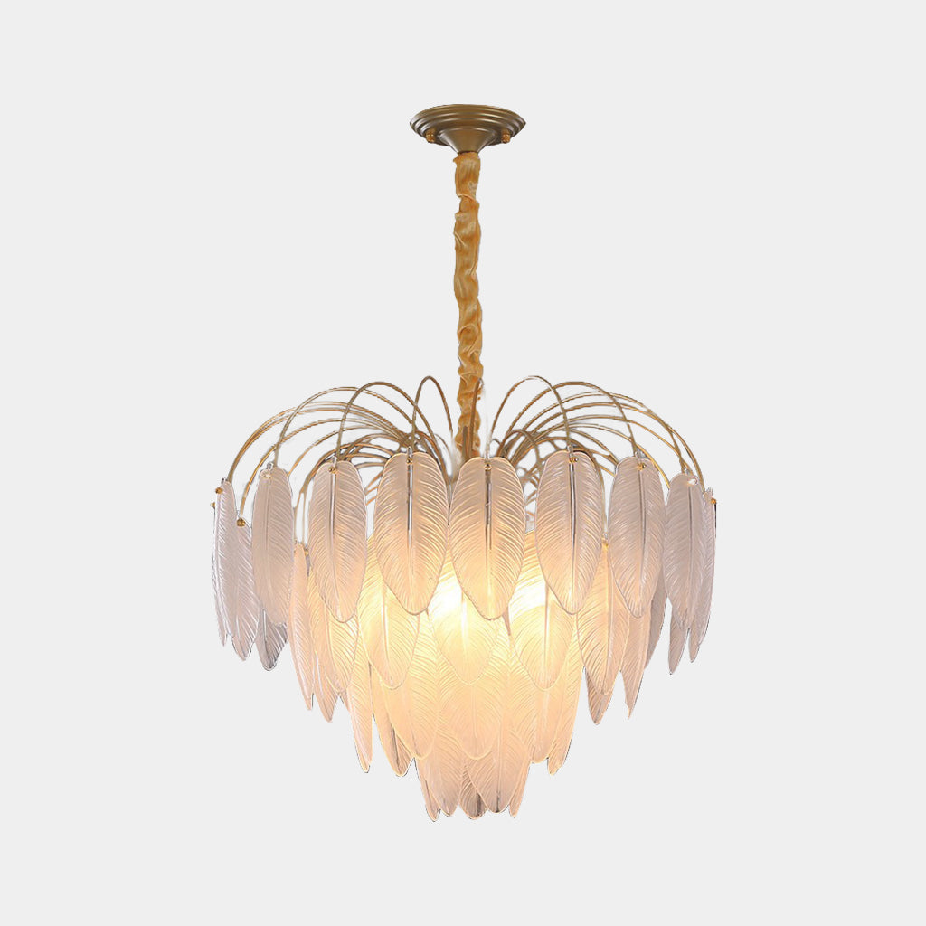 Chandelier Modern Arch Glass Feather, Gold & White