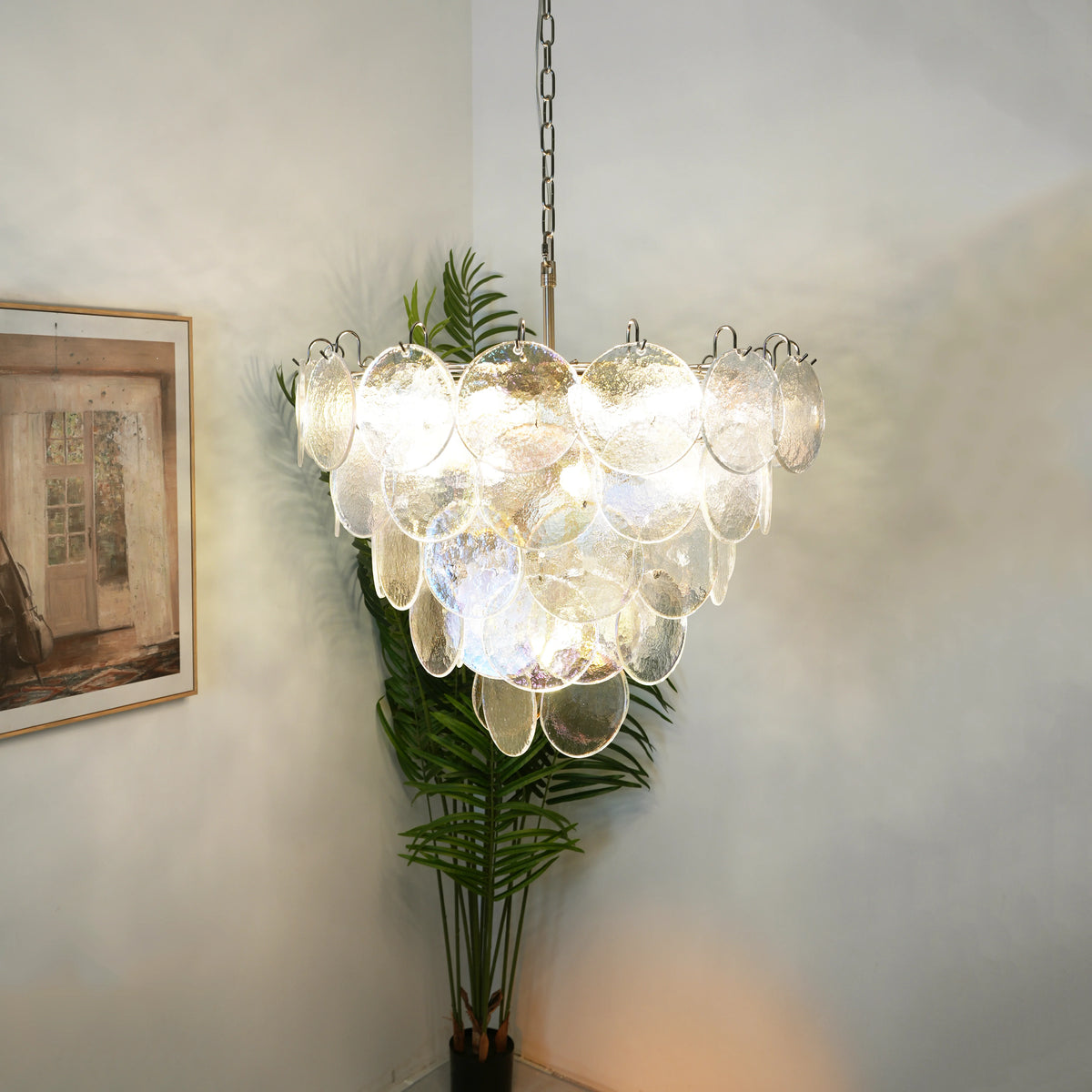 Vintage Iridescent Disc Glass Chandelier