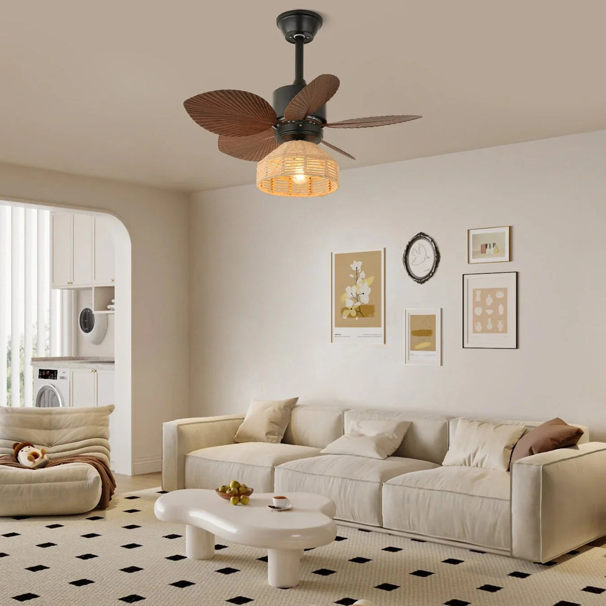 Tropical Palm Leaf Hemp Rope Ceiling Fan Light