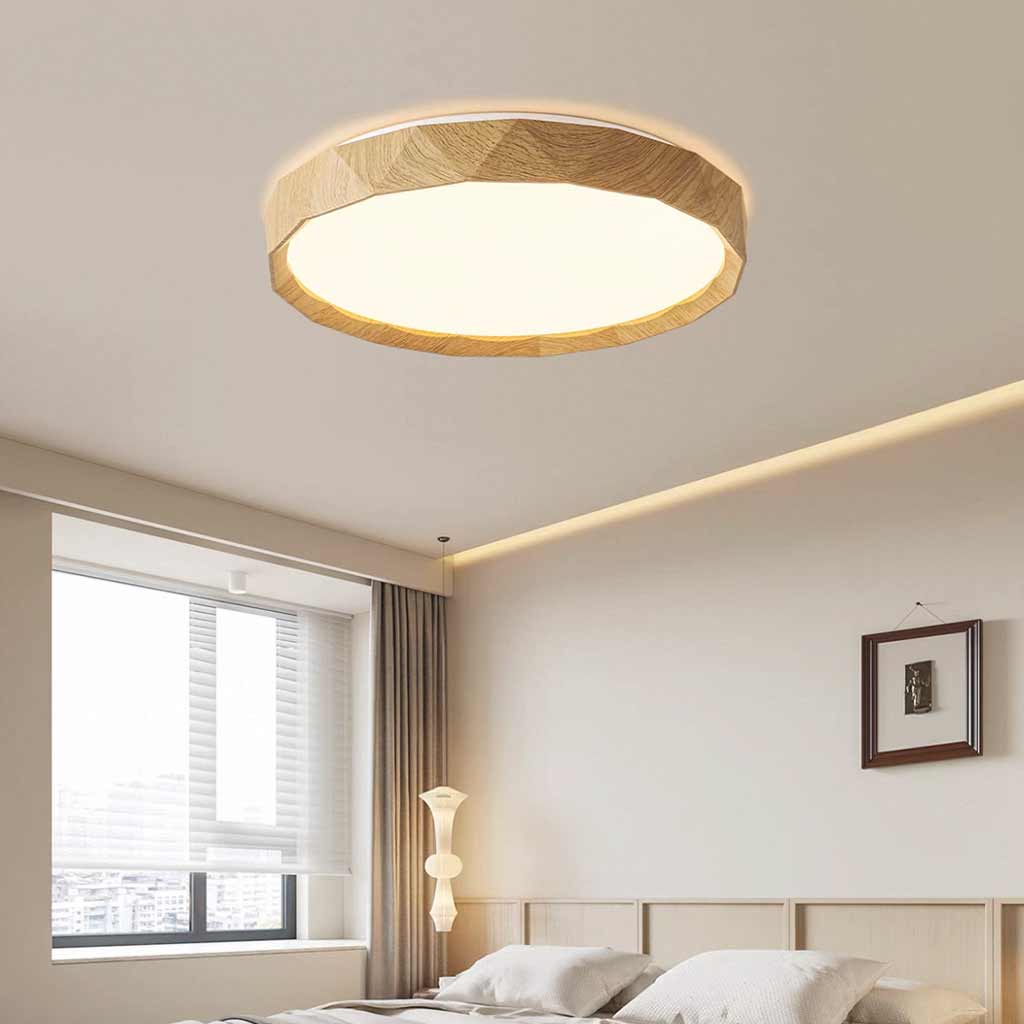 Flush Mount Ceiling Light Round Wood Grain LED, Log / Walnut Color