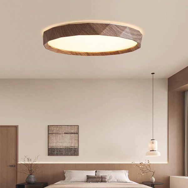 Flush Mount Ceiling Light Round Wood Grain LED, Log / Walnut Color