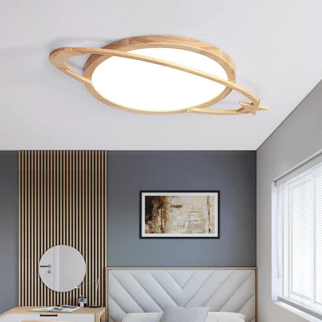 Flush Mount Ceiling Light Wood Planet Dimmable LED