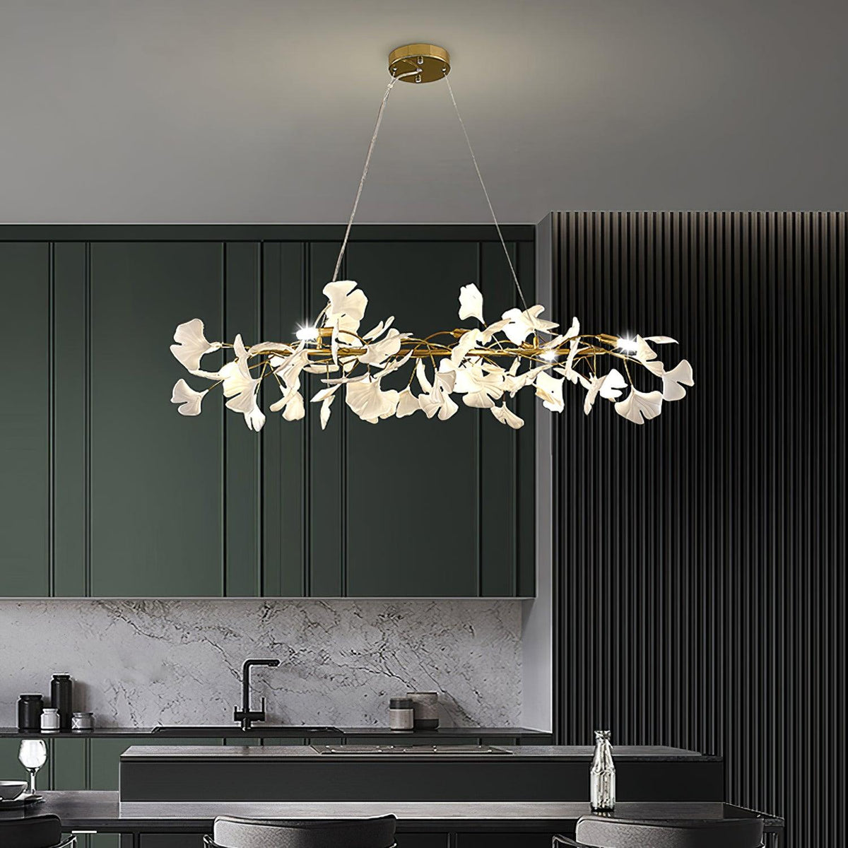 Chandelier Metal Frame Ceramic Gingko White Gold Shade Modern Art