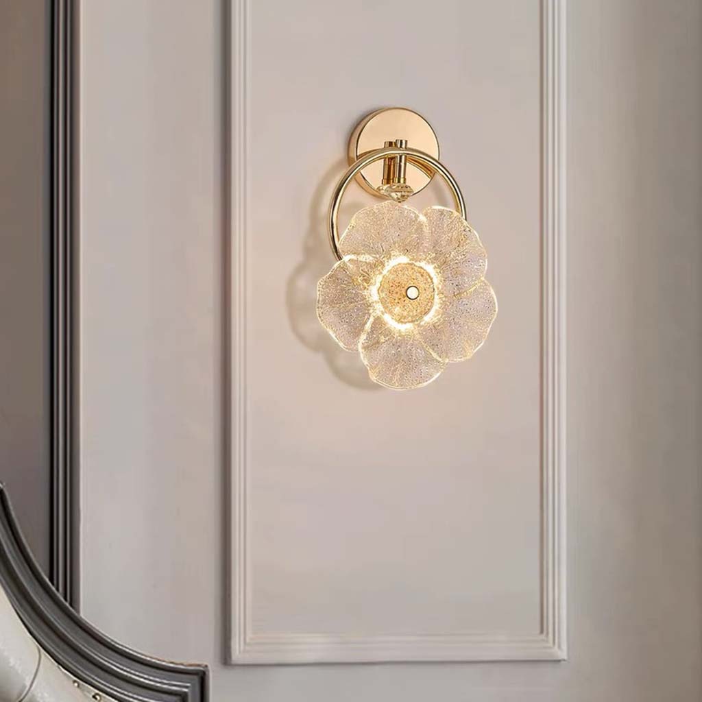 Glass Flower Wall Light Luxury LED for Bedside, Gold