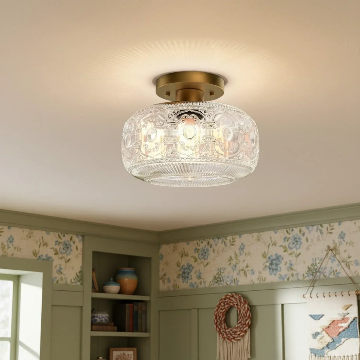 Lileina Retro Patterned Glass Flush Ceiling Light