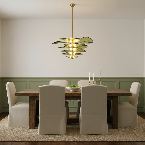 Leaf Shaped Green Textured Glass Chandelier