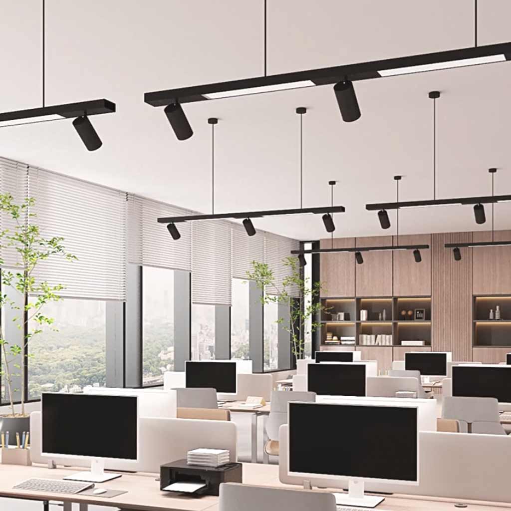 Linear LED Pendant Light with Spotlights for Shops/Offices, Black