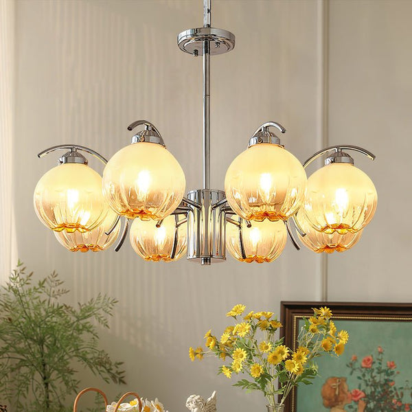 Chandelier Chrome Curved Arms with Frosted Globe Shades