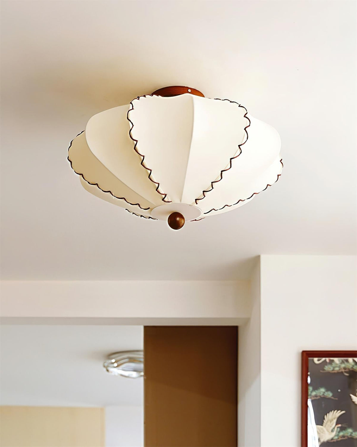 Ceiling Light Beige Fabric with Walnut Wood Accents Artistic