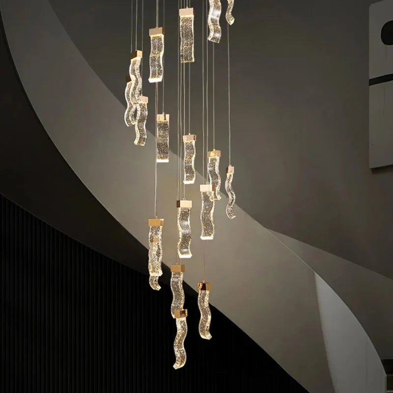 Modern Gold Long Crystal Hanging Light Fixture for Staircase