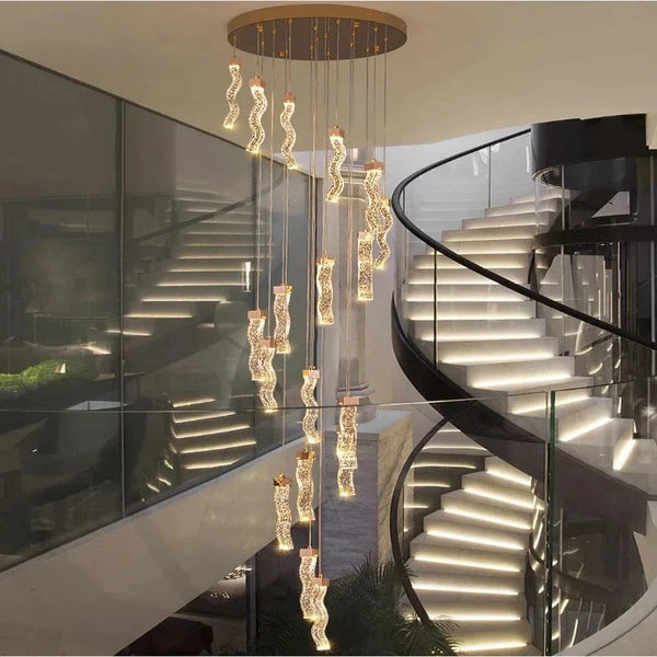 Modern Gold Long Crystal Hanging Light Fixture for Staircase