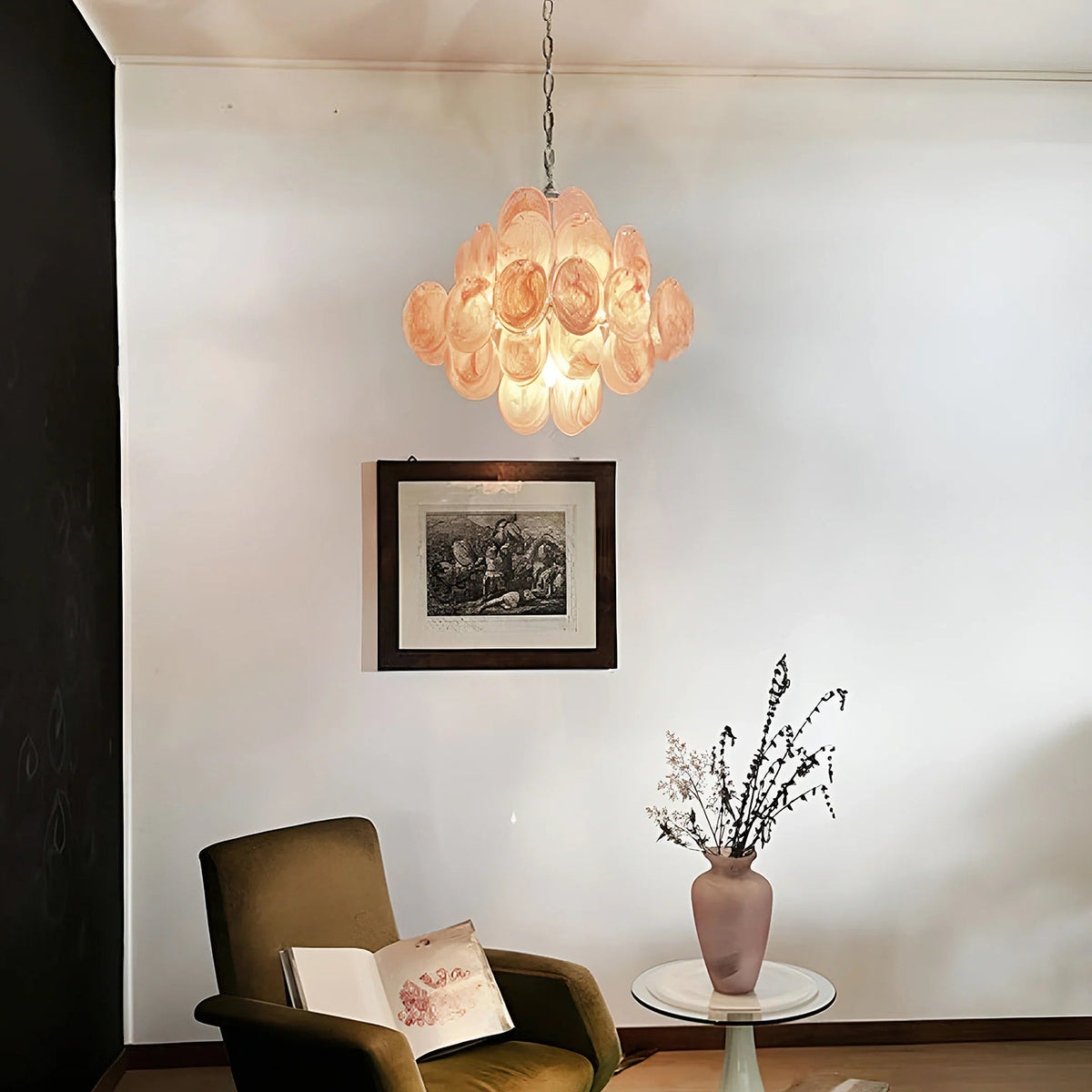 Vintage Pink Glass Disks Chandelier