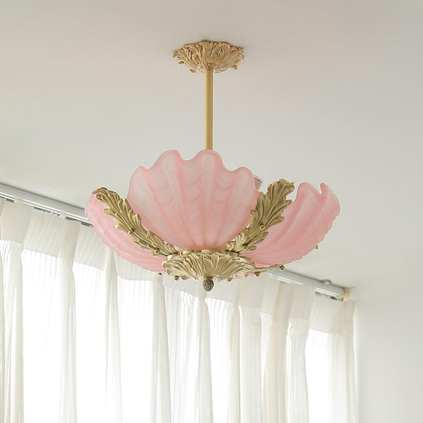 Pendant Lamp Pink Murano Shell with Brass Baroque
