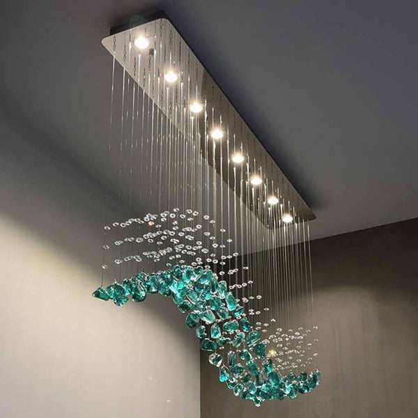Green Chandelier Grand Long S-Shape LED Glass Drop