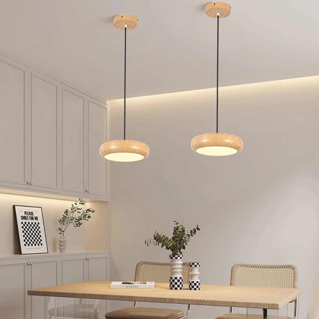 Pendant Light Minimalist Disc LED Dimmable, Wood Grain