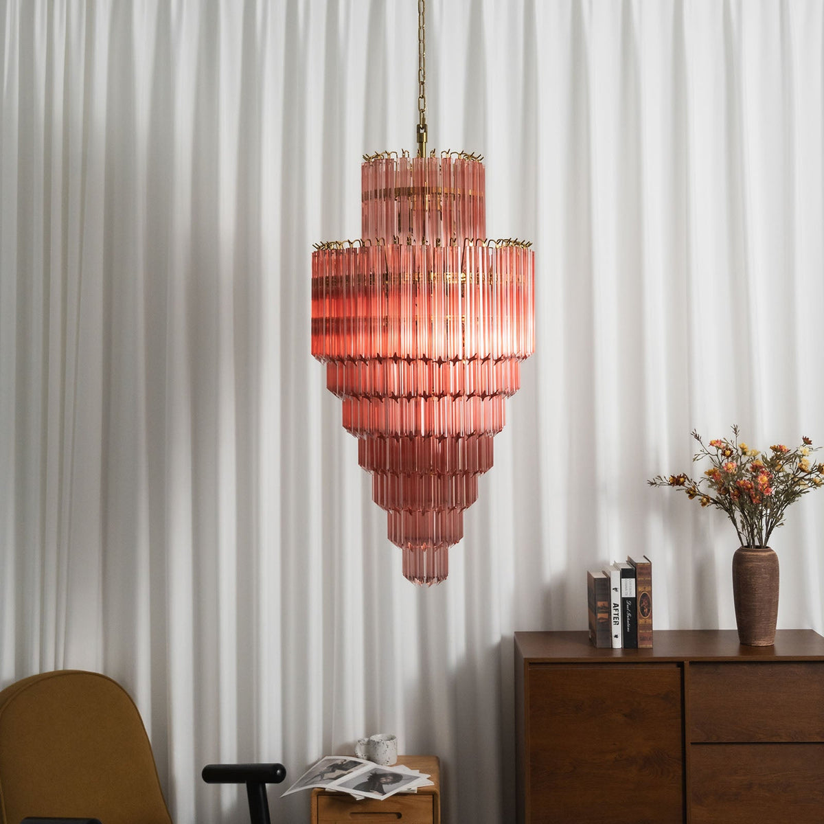 Pink Tiered Fluted Glass Waterfall Chandelier