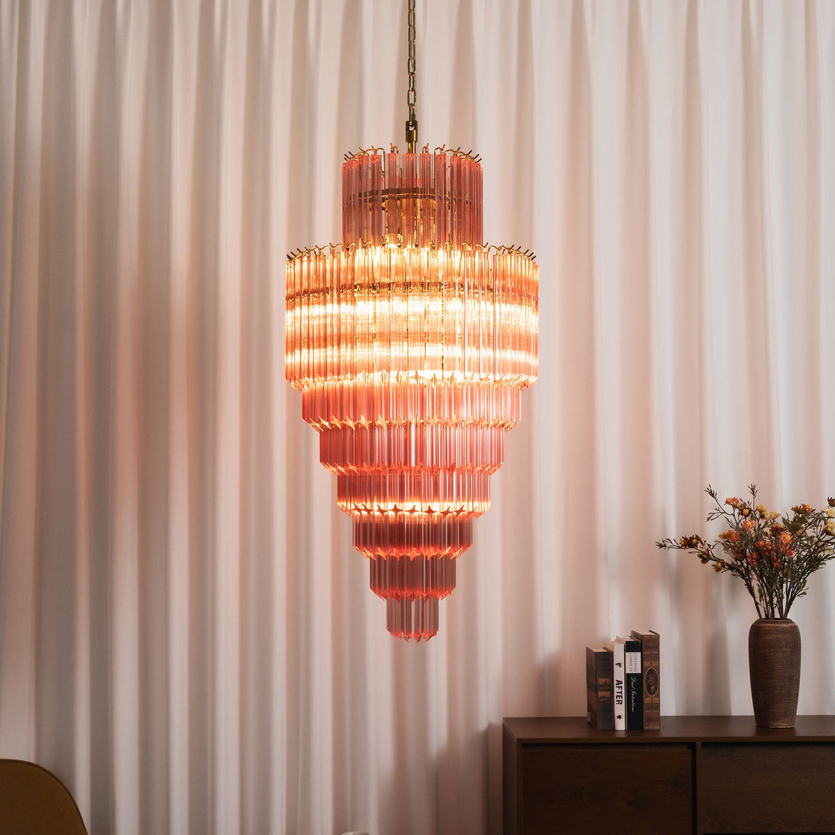 Pink Tiered Fluted Glass Waterfall Chandelier