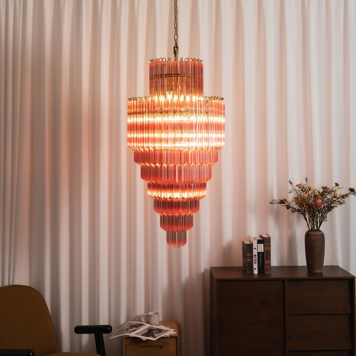 Pink Tiered Fluted Glass Waterfall Chandelier