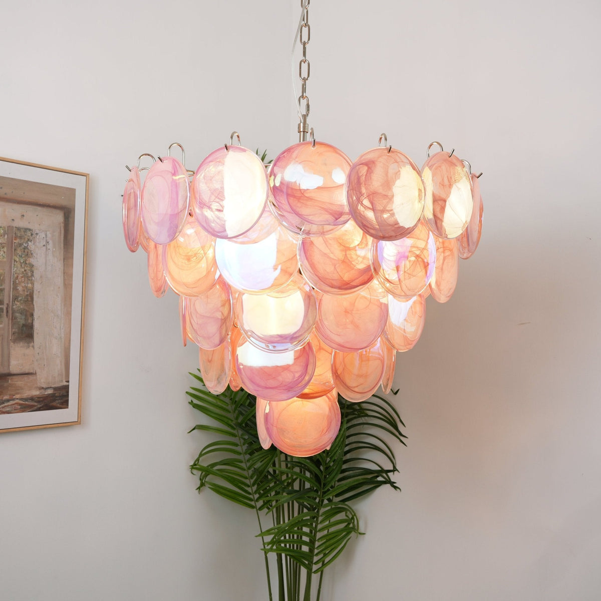 Vintage Pink Disc Glass Chandelier