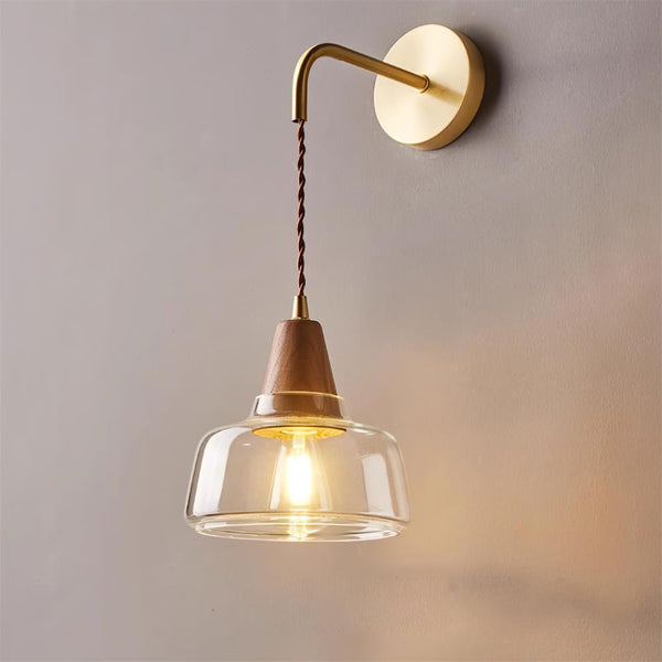 Wall Lamp Amber Glass Shade Tapered Walnut Accent Soft Glow Modern