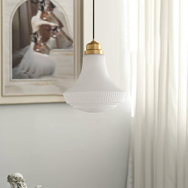 Duo Pendant Lamp Opal Glass Ribbed Bell Brass Vintage