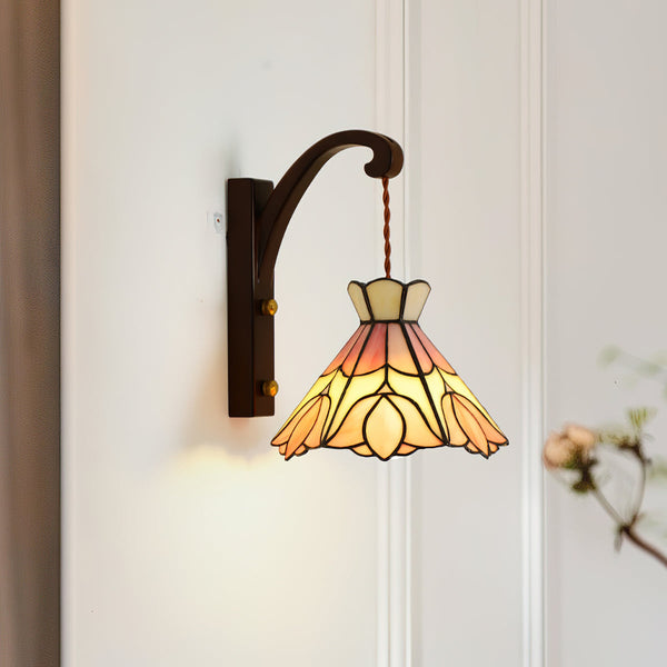 Wall Lamp Wood Body Tiffany Glass Shade Pink Floral Vintage Art